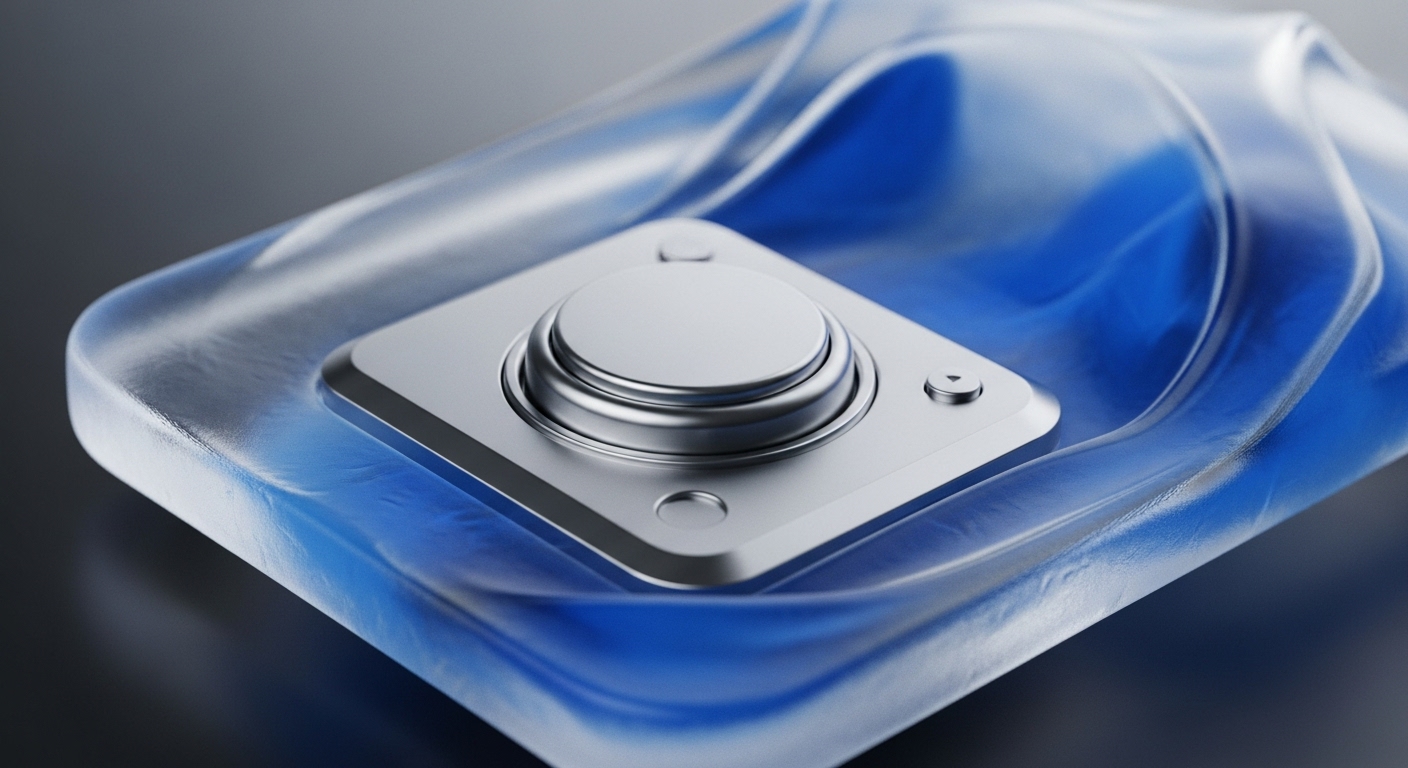 A polished metallic square plate, featuring a prominent layered circular component, is securely encased within a translucent, wavy, blue-tinted material. The device's sleek, futuristic design suggests advanced technological integration