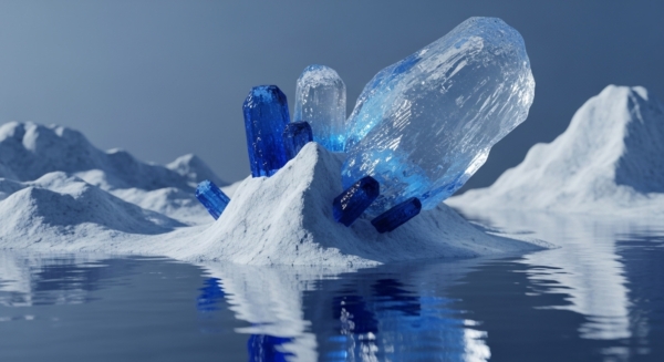 The scene depicts an arctic landscape featuring various crystalline structures, predominantly deep blue and translucent, emerging from snow-covered mounds. These shard formations, reminiscent of validator nodes, stand resiliently within a decentralized network environment. The foreground features reflective water, symbolizing liquidity pools and on-chain data flow, mirroring the digital assets above. Distant snow-capped protocol layers suggest a vast distributed ledger technology DLT infrastructure. The clear, cold aesthetic evokes cold storage security and the immutability inherent in blockchain consensus mechanisms, representing robust network stability.