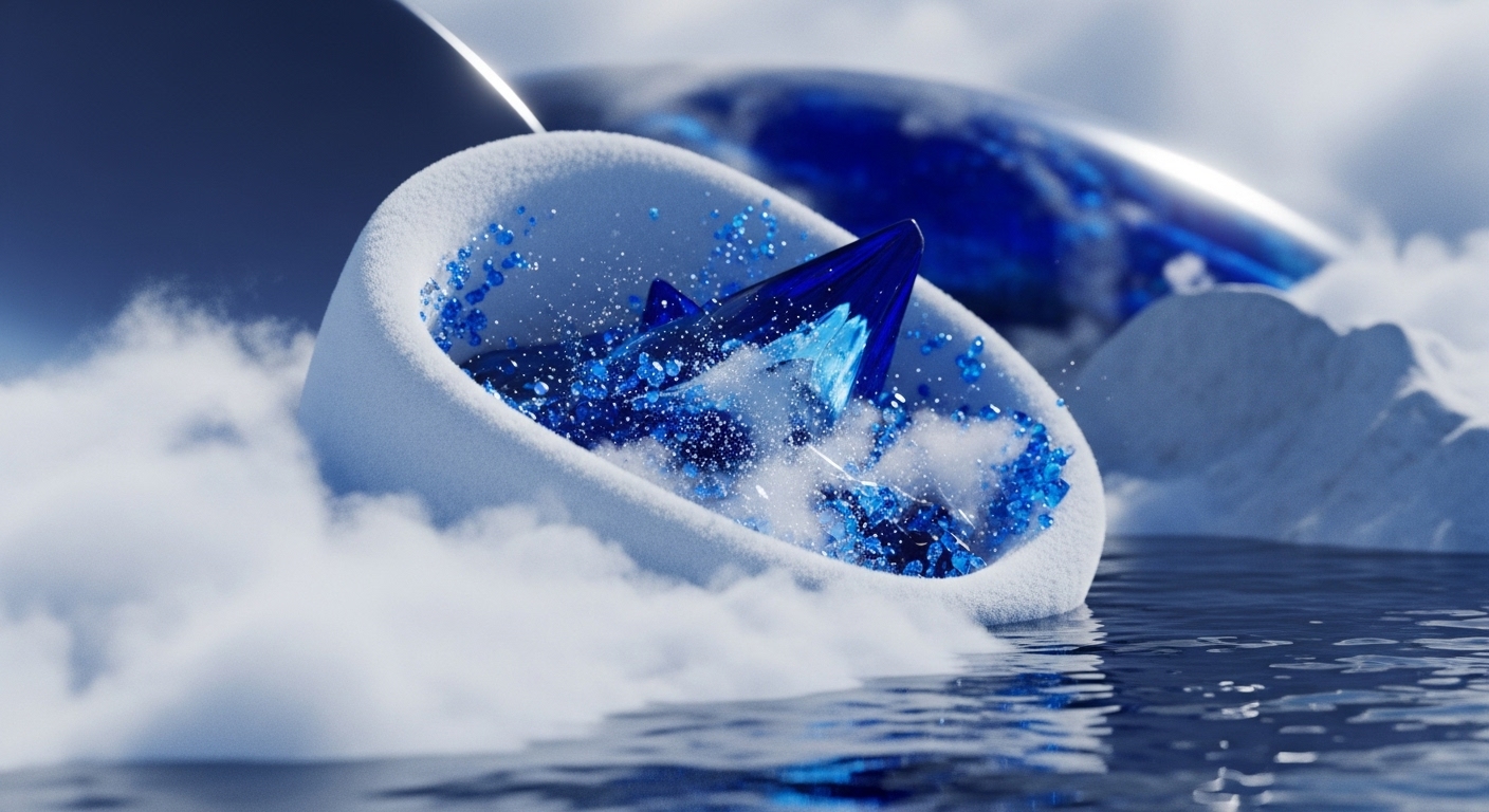 A surreal digital artwork features a textured white vessel, resembling a snow-covered basin, partially submerged in rippling dark blue water. Within this structure, a prominent blue crystalline object, surrounded by smaller sparkling blue fragments, creates dynamic splashes, suggesting motion and energy