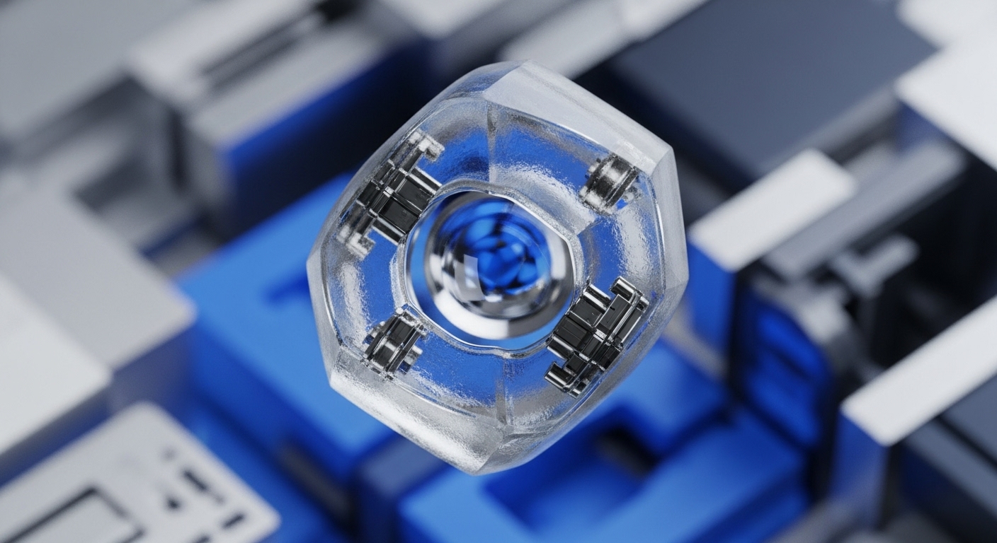 A transparent, faceted crystalline object occupies the central foreground, revealing internal metallic components arranged around a luminous, swirling blue core. The background consists of a blurred, intricate network of blue and grey geometric structures, providing a technological setting
