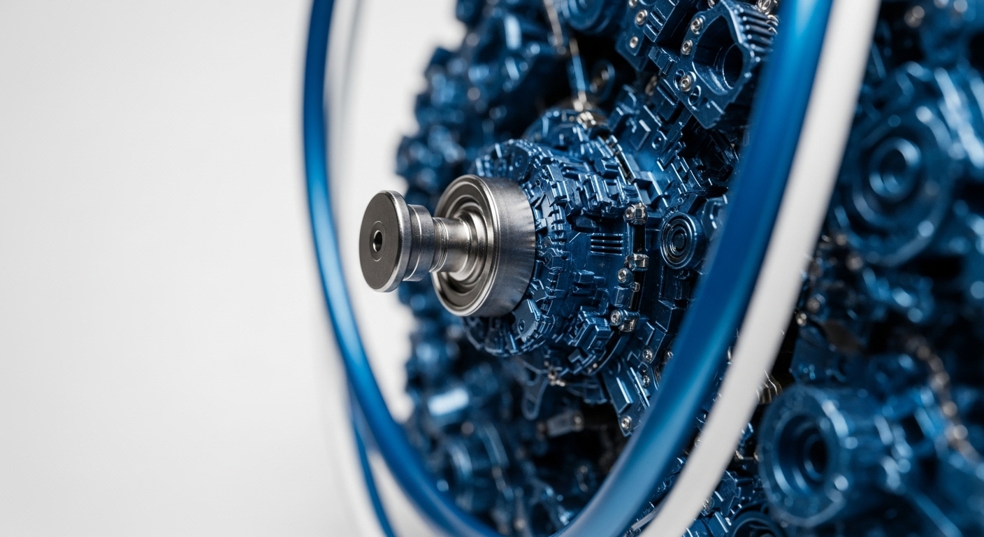 The image showcases a detailed view of a complex, metallic and blue mechanical structure. A prominent silver shaft with a bearing is centered, surrounded by intricate blue components and framed by blue and white tubes