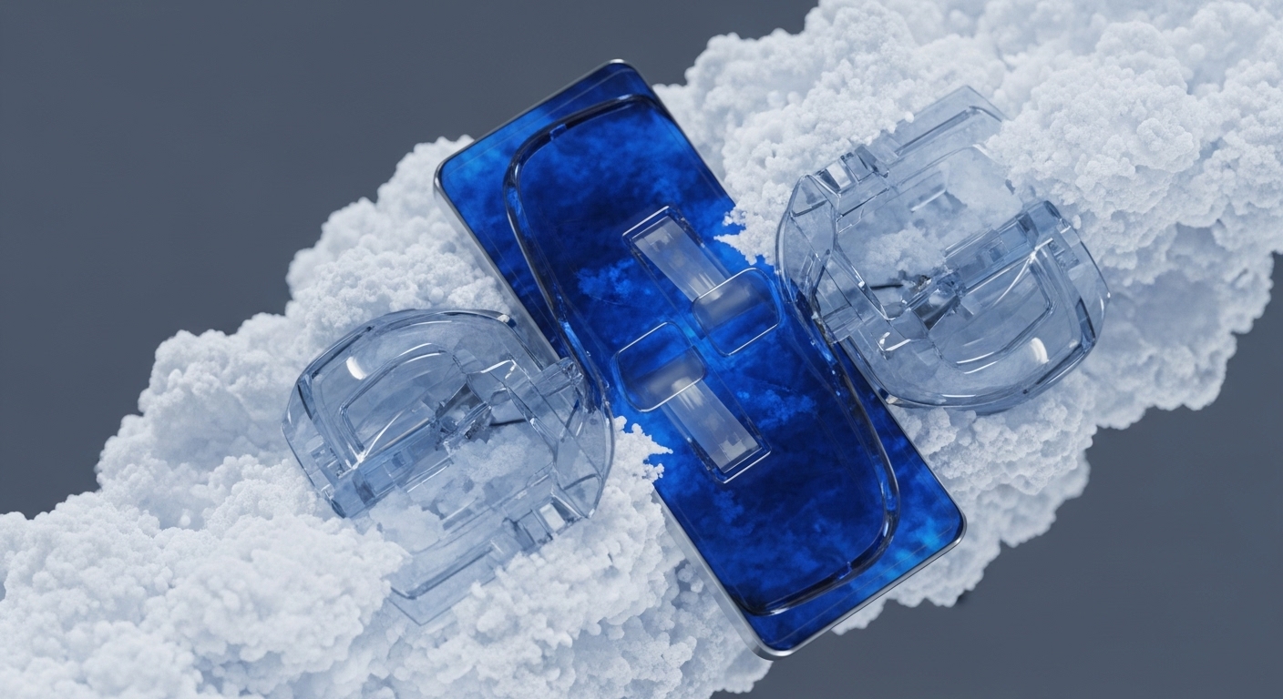 The image displays three translucent, geometric objects embedded in a textured white, granular substance against a grey background. A central rectangular blue object is flanked by two clear, rounded objects, all appearing to be interconnected