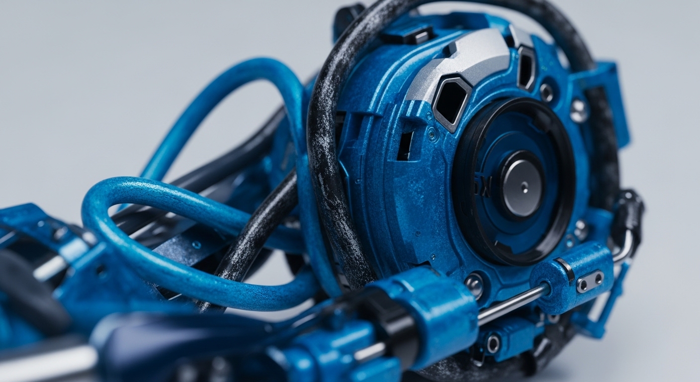 A close-up view reveals a sophisticated blue mechanical assembly, featuring interwoven tubular structures and metallic components. The central circular element, highlighted with silver accents, suggests a core processing unit. This intricate hardware design evokes a Decentralized Autonomous Organization DAO operational module, potentially facilitating smart contract execution or a Layer 2 scaling solution. The robust interconnections symbolize blockchain interoperability protocols and the secure data flow within a validator node architecture. Its precise engineering reflects the complex requirements for cryptographic primitive processing in a distributed ledger environment.