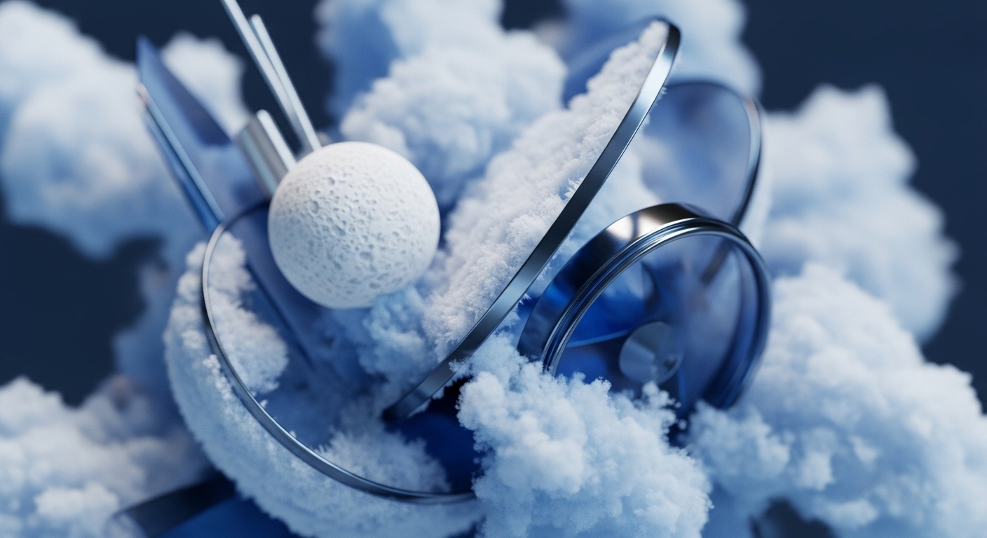 Soft white, cloud-like masses interweave with translucent blue geometric forms and polished silver rings. A prominent white, cratered sphere rests amidst these elements. This abstract composition visually represents intricate blockchain architecture supporting a decentralized network. Layered structures suggest protocol layers and scalability solutions like sharding, ensuring data integrity. Metallic rings symbolize validator nodes or smart contracts facilitating cross-chain interoperability within a Web3 infrastructure ecosystem, managing digital assets and liquidity pools.