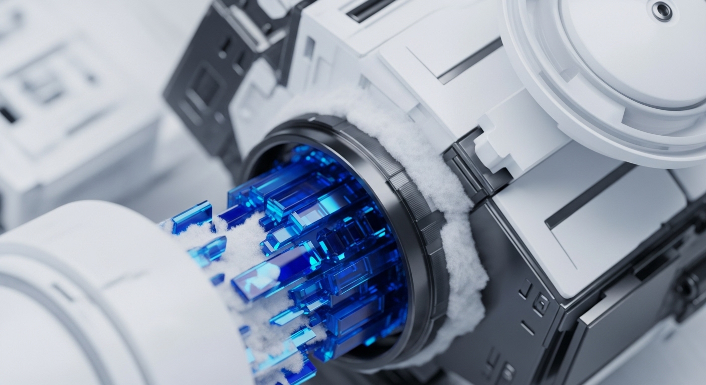 A close-up reveals a sophisticated modular system featuring a circular aperture filled with glowing blue crystalline structures, partially obscured by a white, frost-like accumulation. This visual evokes advanced cold storage mechanisms for digital assets or a hardware wallet interface. The surrounding intricate components suggest a blockchain node operating under extreme conditions, possibly maintaining data integrity through robust cryptographic security protocols. It signifies high-performance distributed ledger technology DLT infrastructure, potentially for enterprise tokenized assets.