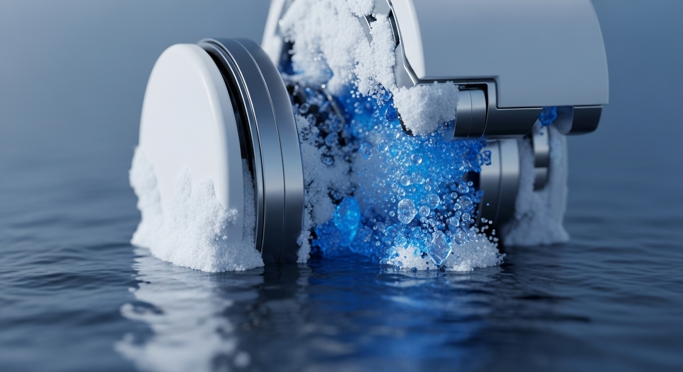 A robust white and metallic hardware component, partially submerged in water, appears encased in frost. From its core, a vibrant blue liquid bursts forth, creating effervescent bubbles and ice fragments. This visually represents an advanced liquid cooling system for high-performance computing, crucial for maintaining hash rate stability in ASIC mining operations. The dynamic interaction suggests intensive transaction processing or block validation within a decentralized network. The cooling mechanism optimizes computational expenditure, ensuring protocol execution efficiency and mitigating thermal throttling for robust DLT infrastructure.