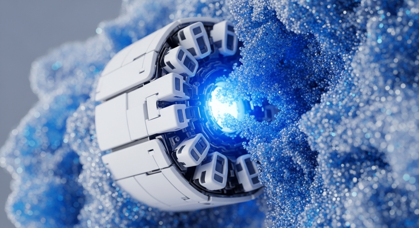 A futuristic white cylindrical mechanism, featuring radially arranged modular components, is shown partially embedded within a vibrant, textured blue substance composed of countless sparkling particles. A powerful, luminous blue light radiates from the mechanism's central core, illuminating the surrounding granular medium