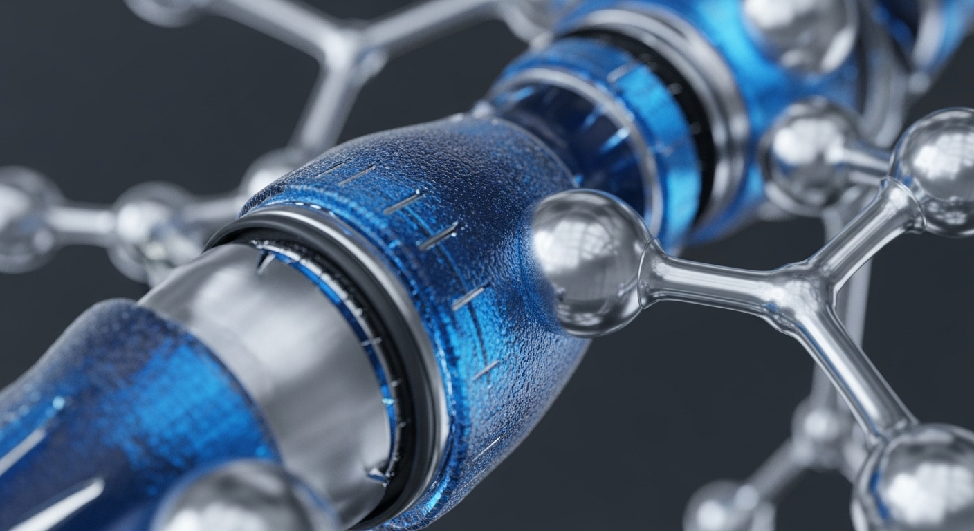 The image showcases a detailed view of a futuristic, blue-textured central conduit, intricately connected to a branching network of reflective silver spheres. The blue component features fine granular texture and precise etched markings, while the metallic spheres are smooth and highly polished