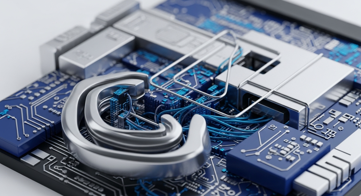 A detailed view presents a blue circuit board adorned with silver circuitry and various components. A prominent, polished metallic 'C' shaped element sits centrally, intertwined with numerous blue data cables
