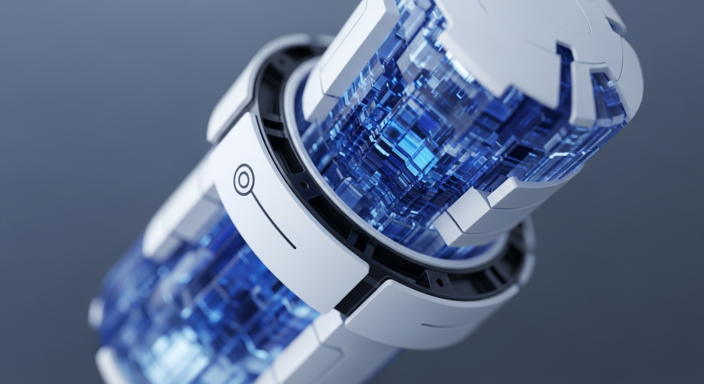 A high-tech, white and blue cylindrical device is prominently displayed, angled against a soft grey background. Its modular white casing segments reveal a vibrant, glowing blue internal structure made of interconnected geometric blocks