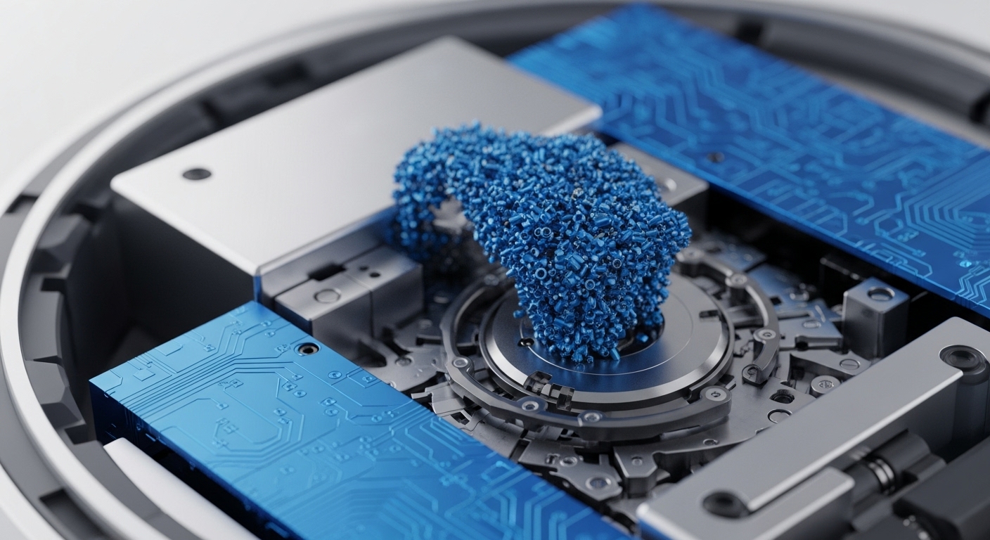 A close-up view reveals an advanced internal machine, featuring metallic components, bright blue circuit boards, and a central accumulation of small blue particles. The intricate design highlights mechanical precision and digital integration within a complex system