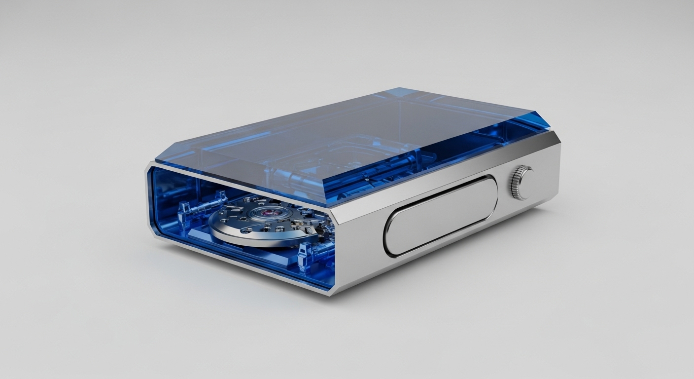 A modern, rectangular device with a silver metallic chassis and a clear, blue-tinted top cover is presented against a plain white background. Visible through the transparent top, a complex internal mechanism featuring a polished circular platter, gears, and an articulating arm suggests a precision data processing or storage unit