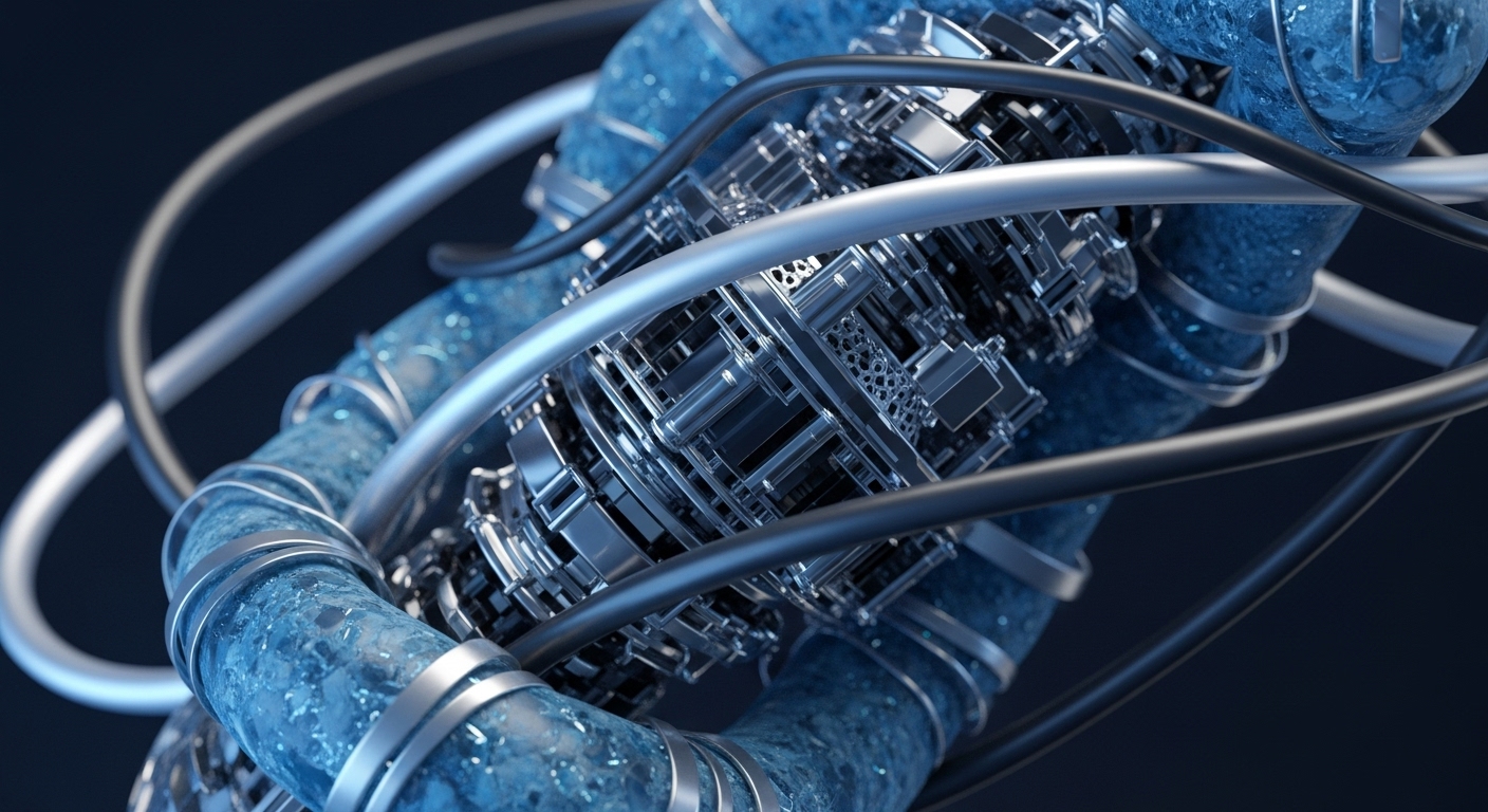 A detailed close-up reveals a complex system featuring textured blue pipes interwoven with shiny silver mechanical components and black data cables. The metallic structures exhibit intricate lattice patterns and various interconnected blocks, suggesting a sophisticated internal mechanism