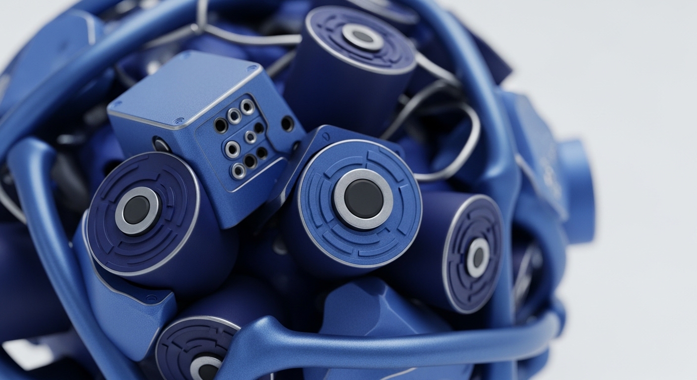 The image displays a detailed view of interconnected blue mechanical components. Predominantly, dark blue cylindrical units with central black and silver elements are visible, alongside a rectangular block featuring multiple circular ports