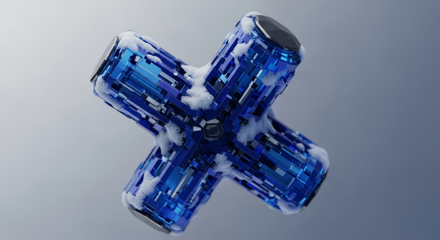 A highly detailed, three-dimensional object shaped like an 'X' or plus sign, constructed from an array of reflective blue and dark metallic rectangular segments, floats against a soft, light grey background. White, textured snow or frost partially covers the object's surfaces, creating a striking contrast with its intricate, crystalline structure