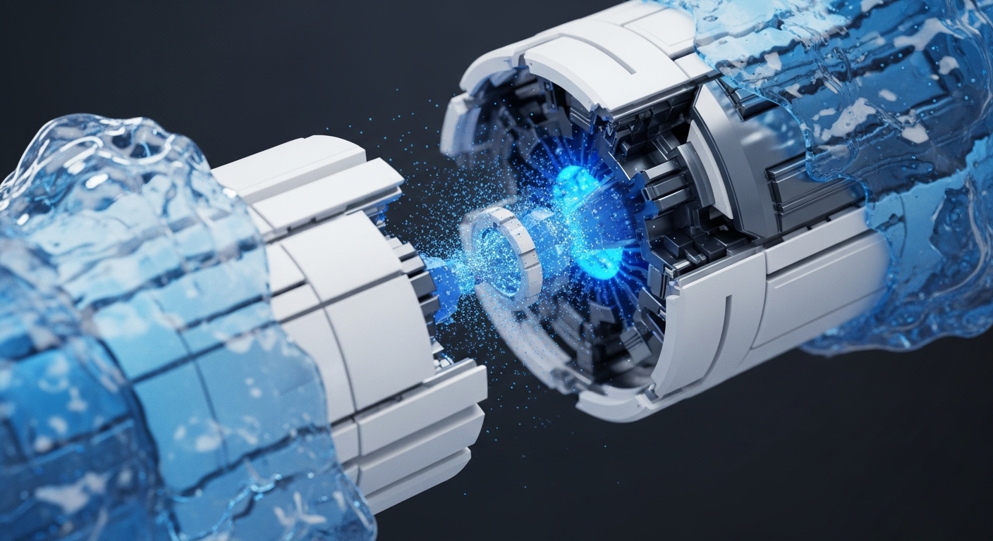Two advanced cylindrical mechanisms, predominantly white and grey, are depicted in a state of dynamic interaction, enveloped by a translucent blue liquid. A brilliant blue energy conduit, emanating from their core interfaces, pulses with luminous particles, symbolizing a critical data exchange