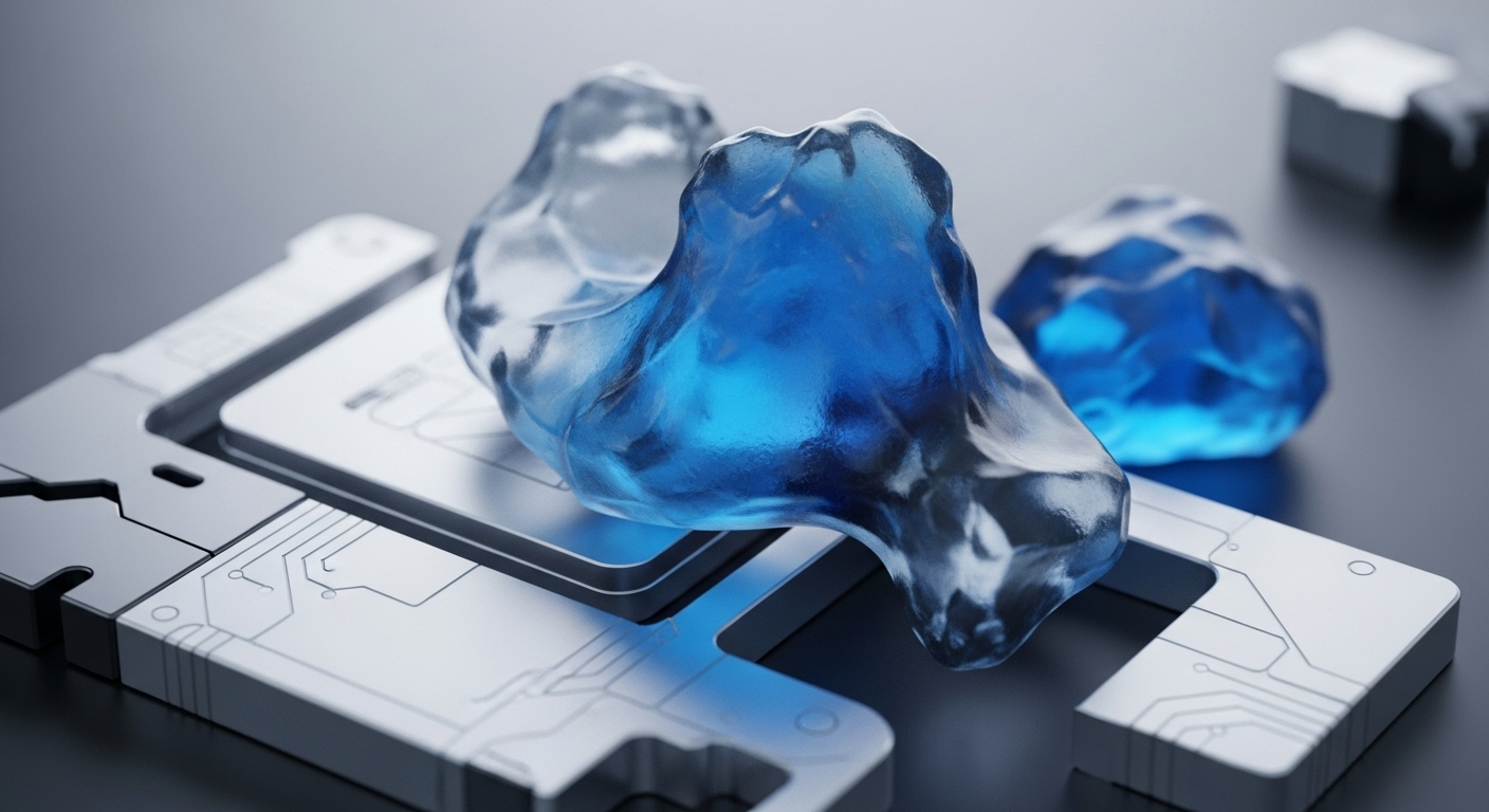 Several translucent blue, irregularly shaped objects, appearing like solidified liquid or gel, are positioned on a metallic, futuristic-looking hardware component. The component features etched circuit board patterns and a central recessed area where one of the blue objects is prominently placed