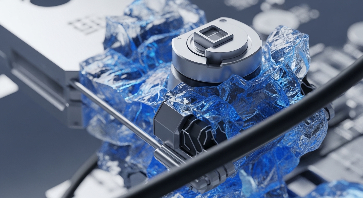 A sophisticated hardware component, possibly an ASIC miner or high-performance network node, integrates with translucent blue, jagged cryogenic cooling elements. A central metallic module, potentially housing a specialized processing unit or secure enclave, is visible amidst the icy matrix. This setup suggests advanced thermal management crucial for optimal operational efficiency and hash rate stability in intensive Proof-of-Work or Proof-of-Stake validation environments. It emphasizes robust infrastructure for decentralized ledger technology, ensuring reliable transaction processing and cryptographic security.