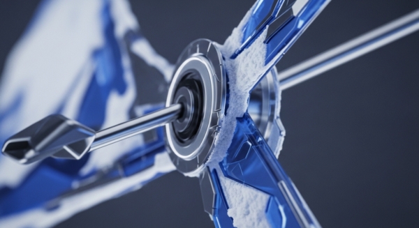 A close-up view reveals a sophisticated, frost-laden cooling mechanism, central to mining farm infrastructure. Its metallic hub and translucent blue blades are coated with snow, indicative of extreme thermal management. This cryogenic cooling unit is crucial for optimal ASIC efficiency, preventing thermal throttling in high-performance Proof-of-Work PoW operations. Such advanced hardware ensures hash rate optimization, contributing to sustainable blockchain operations by reducing energy consumption and enhancing hardware longevity for block validation within decentralized networks.