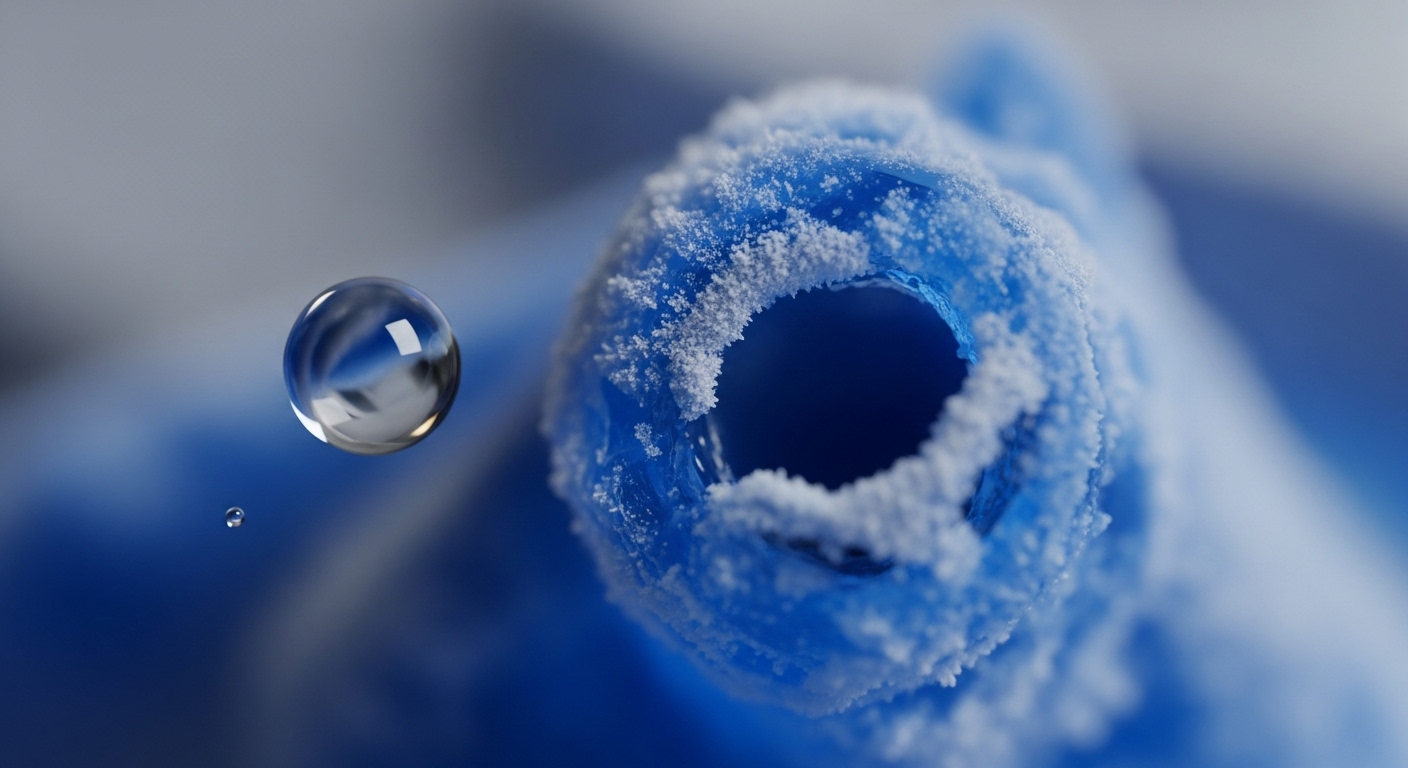 A macro shot captures a frosty blue tubular object, its opening rimmed with white crystalline deposits. A large, clear water droplet floats suspended in the air to the left, accompanied by a tiny trailing droplet