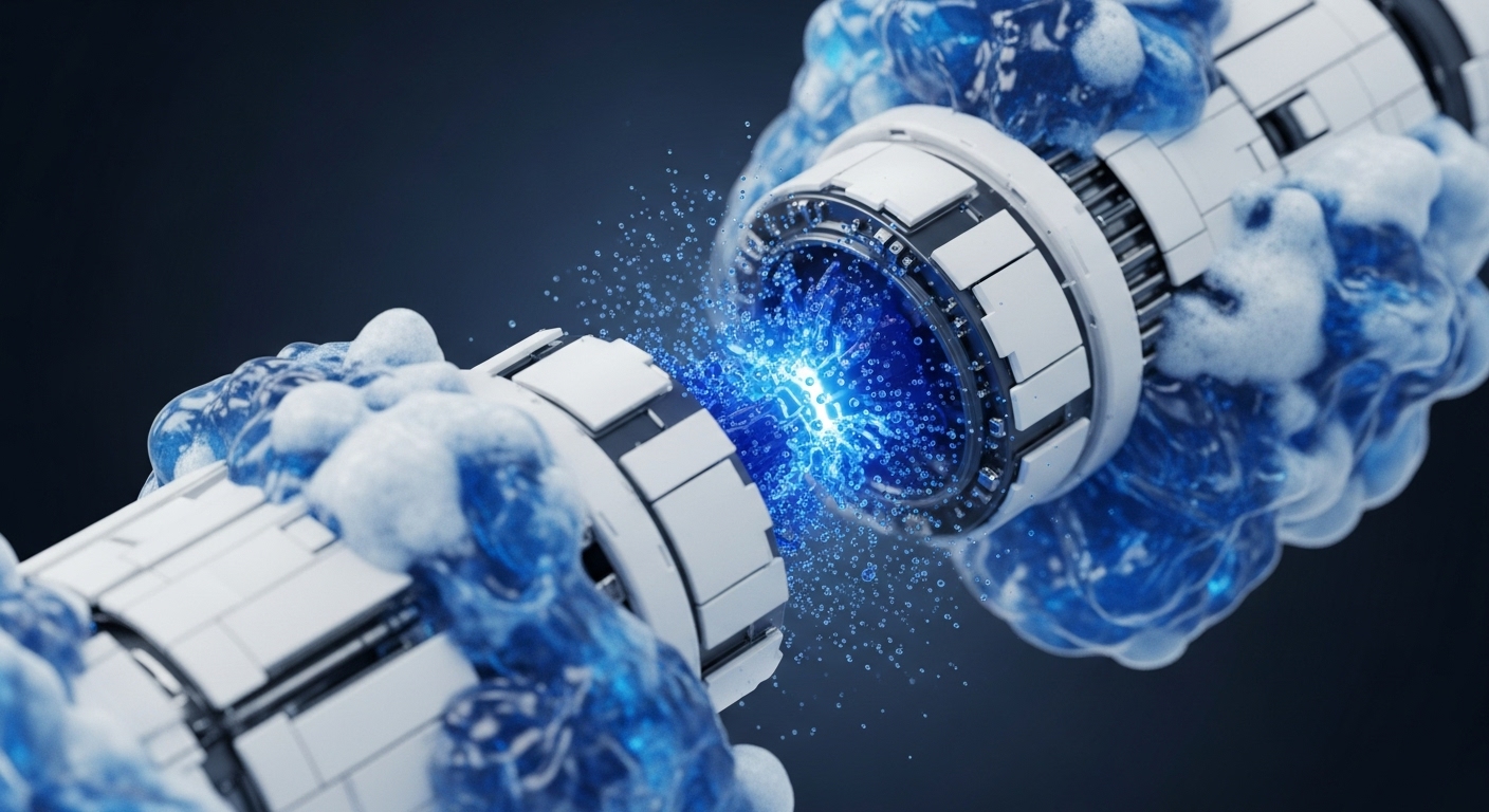 The image depicts two white, modular cylindrical units, partially covered in vibrant blue, ice-like structures, facing each other on a dark background. A luminous blue energy conduit, accompanied by numerous small glowing particles, forms a connection between their core interfaces