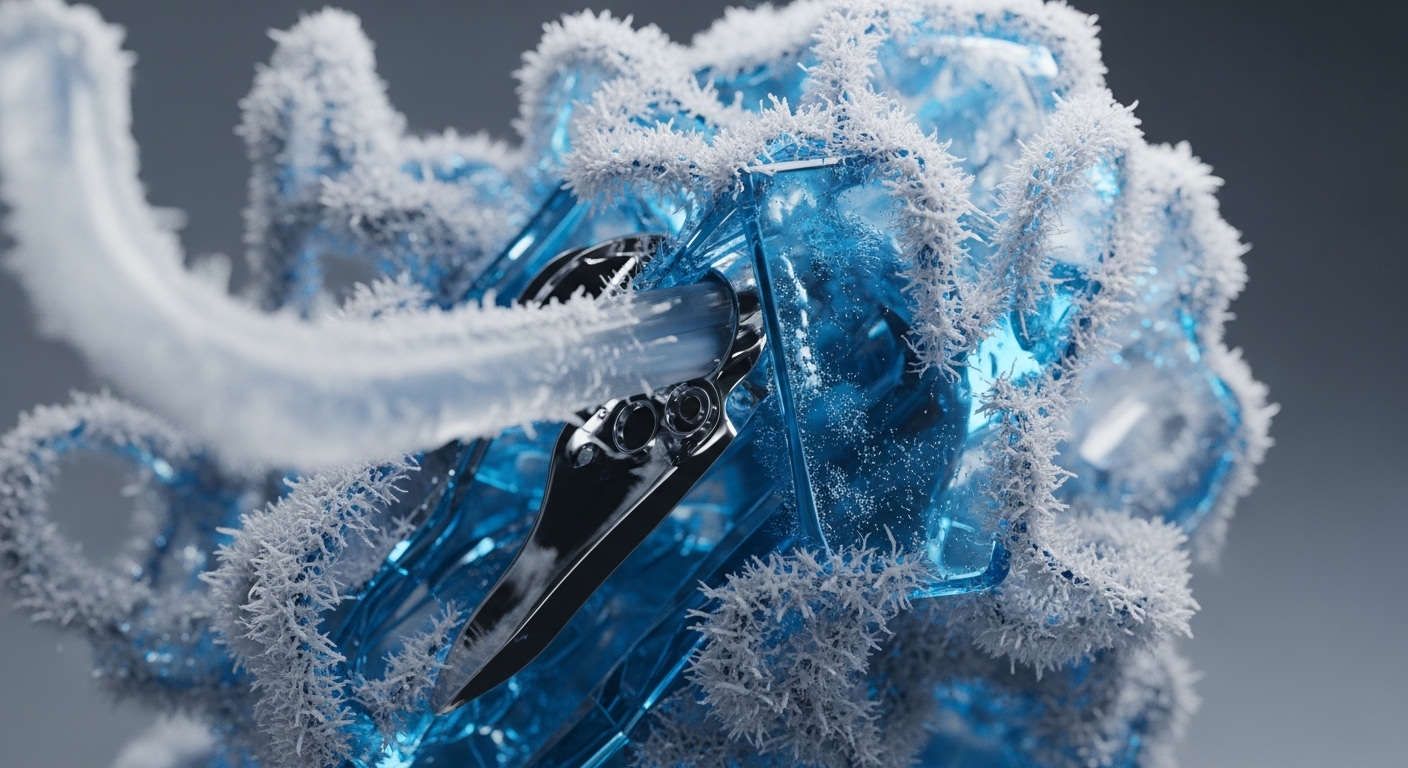 An intricate, translucent blue structure is heavily encased in dense white frost, visually representing advanced cryogenic cooling technology. Within this frozen architecture, a sleek metallic component, possibly an ASIC or GPU core, is integrated, indicating a high-performance computing unit. This setup optimizes thermal management for sustained hash rate generation and efficient blockchain transaction processing. Such infrastructure is crucial for maintaining decentralized network integrity, enhancing scalability, and supporting robust node operation, often utilizing liquid immersion cooling systems for peak efficiency.