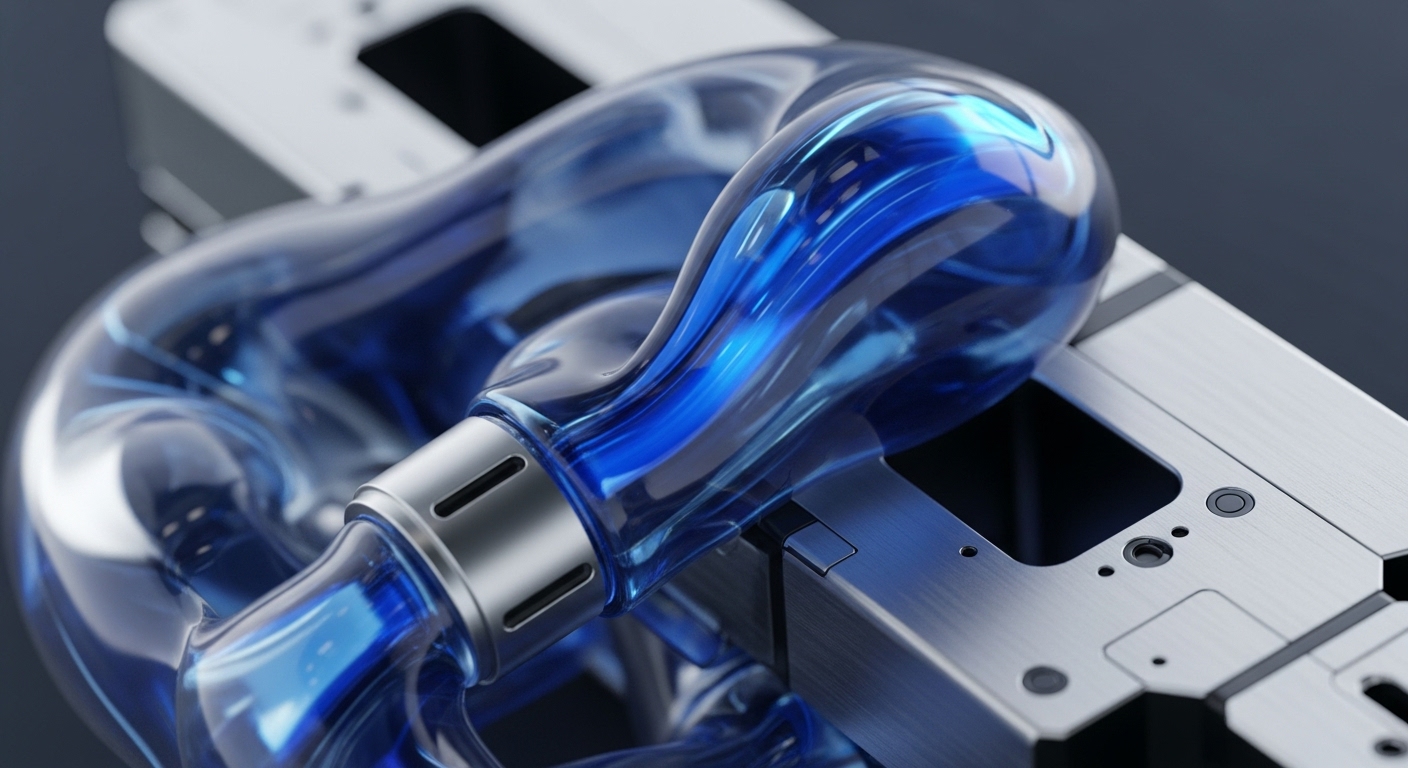 A translucent, blue, fluid-filled conduit, intricately shaped, connects to a brushed metallic component with precise cutouts. Inside the conduit, vibrant blue fluid swirls dynamically, suggesting movement and energy