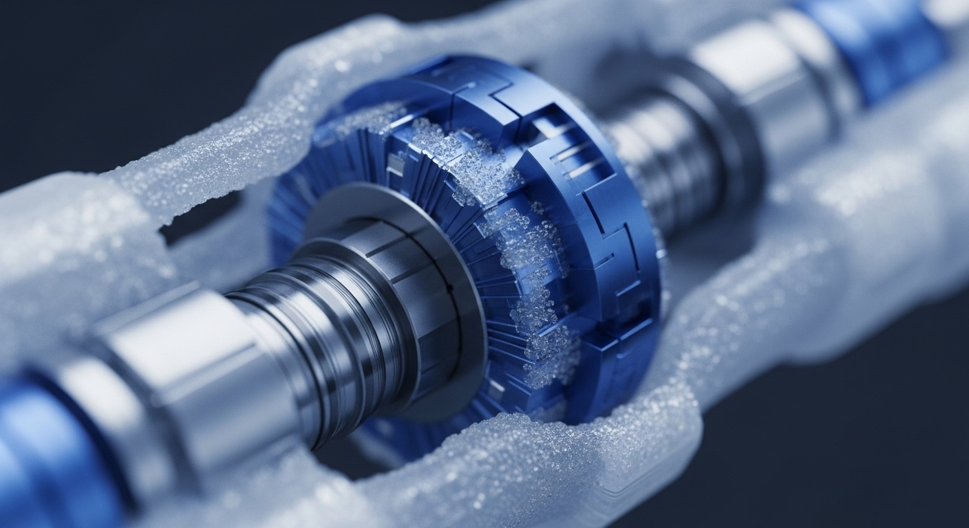 A macro view showcases a polished metallic shaft intersecting with a complex blue mechanism, both partially enveloped by a textured, icy substance. The blue component features precise, geometric patterns, suggesting advanced engineering and a frosty, secure environment