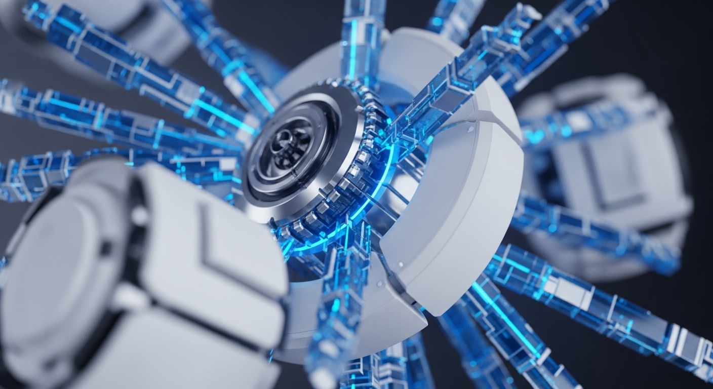 The image showcases a highly detailed, abstract mechanical structure with a central metallic core and numerous radiating blue, glowing lines. These lines connect to white, modular components, suggesting an interconnected, operational system