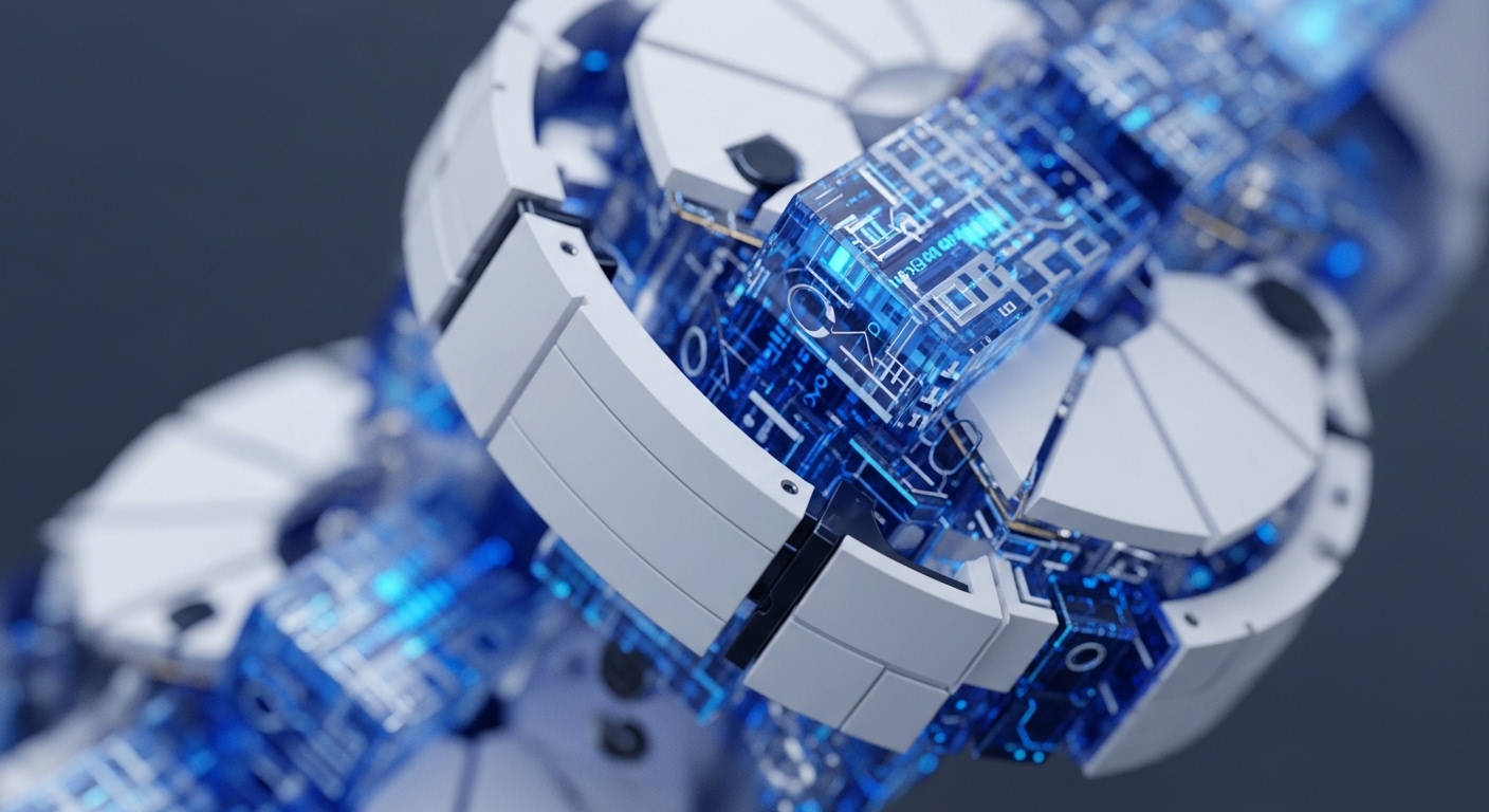 White, segmented structures interlock, forming a complex, linear apparatus. Transparent, blue-glowing sections embedded within display intricate digital circuitry and binary data