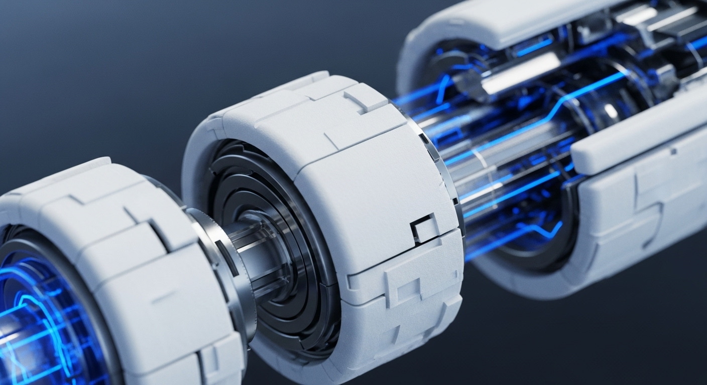 The image displays a series of futuristic, interconnected mechanical modules, featuring a sleek white and metallic silver exterior. Inside the open sections, glowing blue lines signify active data or energy transmission, extending across the modular assembly