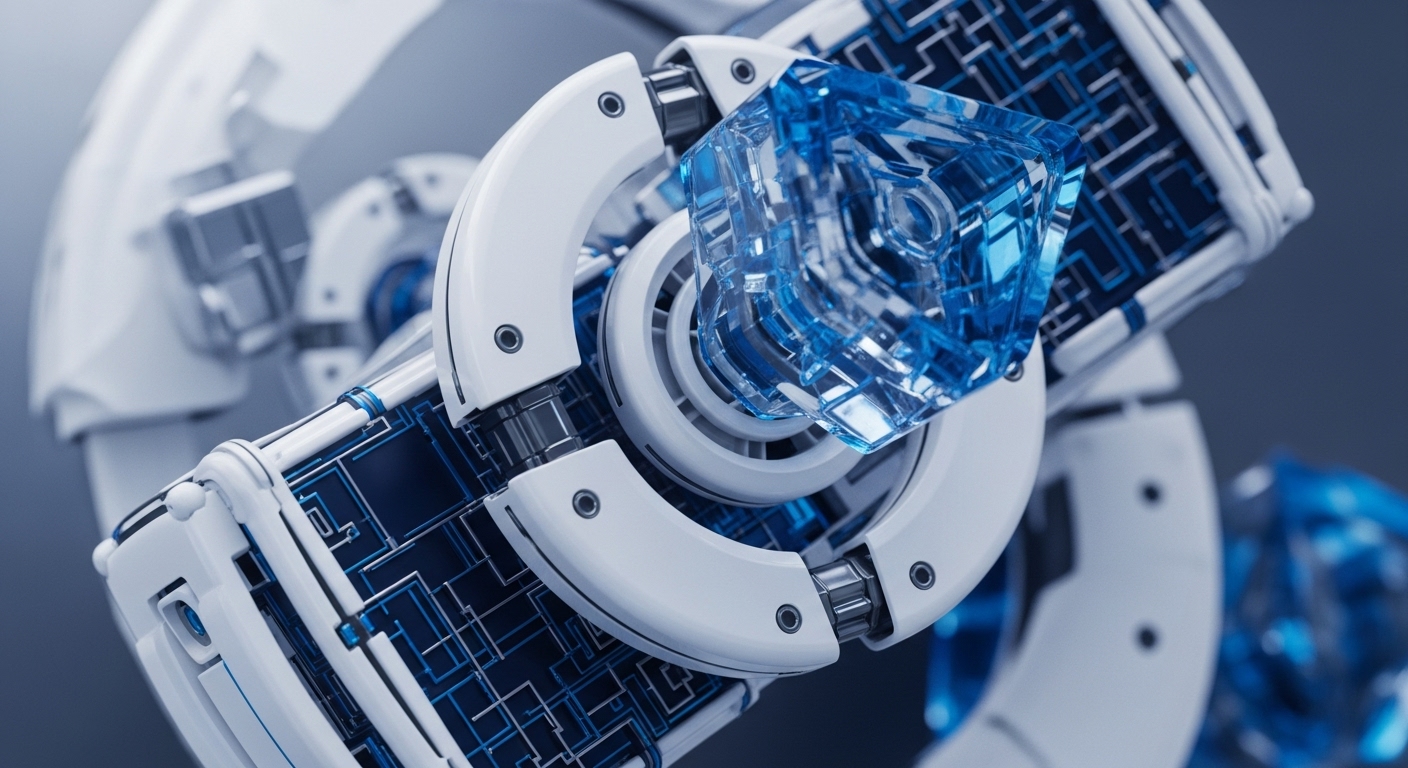 A detailed close-up reveals a futuristic, intricate mechanical structure rendered in pristine white and translucent blue. At its heart, a glowing, multifaceted blue crystalline object is encased by sleek, interconnected white components adorned with visible blue circuit pathways