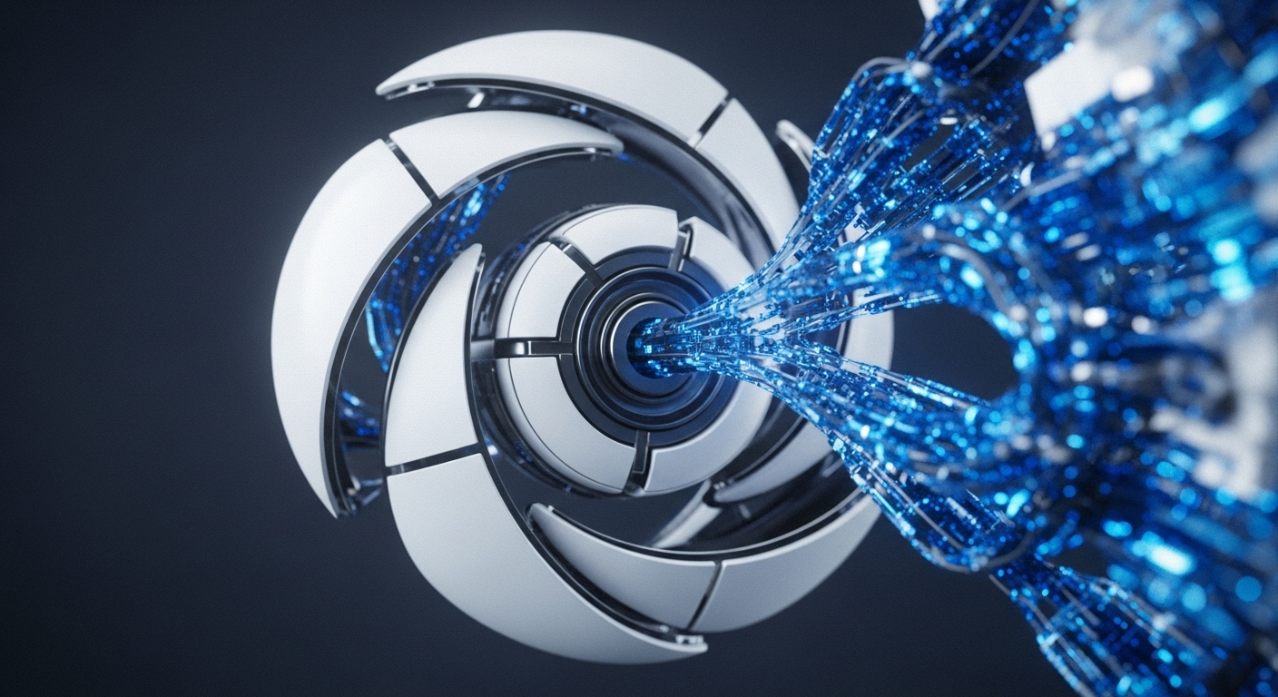 A futuristic white and silver mechanical structure, shaped like a segmented torus, features a central aperture from which a bright, concentrated beam of blue, glowing data streams outward. This beam consists of countless tiny luminous particles and intertwined conduits, extending into the background