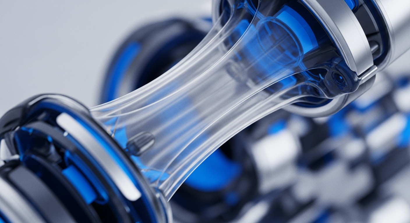The image presents a detailed, close-up view of a complex, futuristic mechanism featuring translucent, tube-like structures that house glowing blue internal components. These conduits appear to connect various metallic and dark blue elements, suggesting a system designed for intricate data or energy transfer