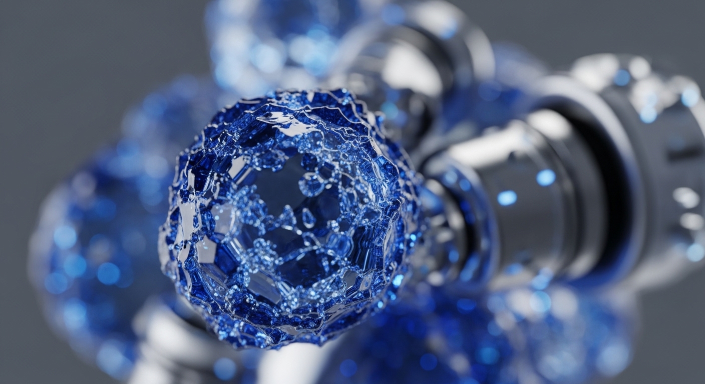 A prominent, intricately faceted blue crystalline sphere dominates the foreground, showcasing a complex, translucent geometric surface. Blurred metallic cylindrical structures with glowing blue accents are visible in the background and periphery, suggesting an advanced technological environment