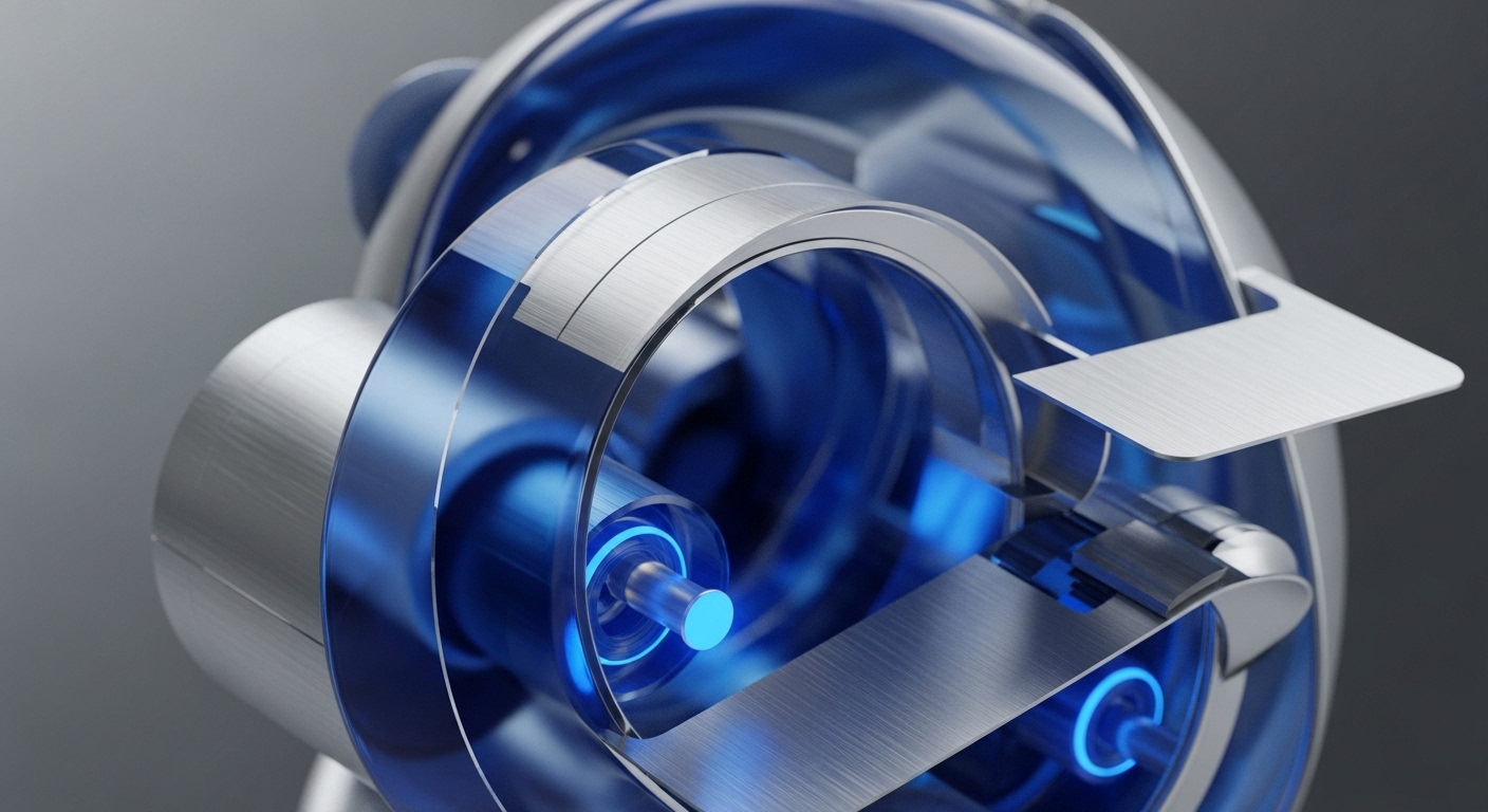 The image displays a sophisticated assembly of brushed silver metallic bands and translucent blue elements, with internal blue light sources highlighting cylindrical shafts. A flat, rectangular brushed metal plate extends from the right side, integrated into the layered structure