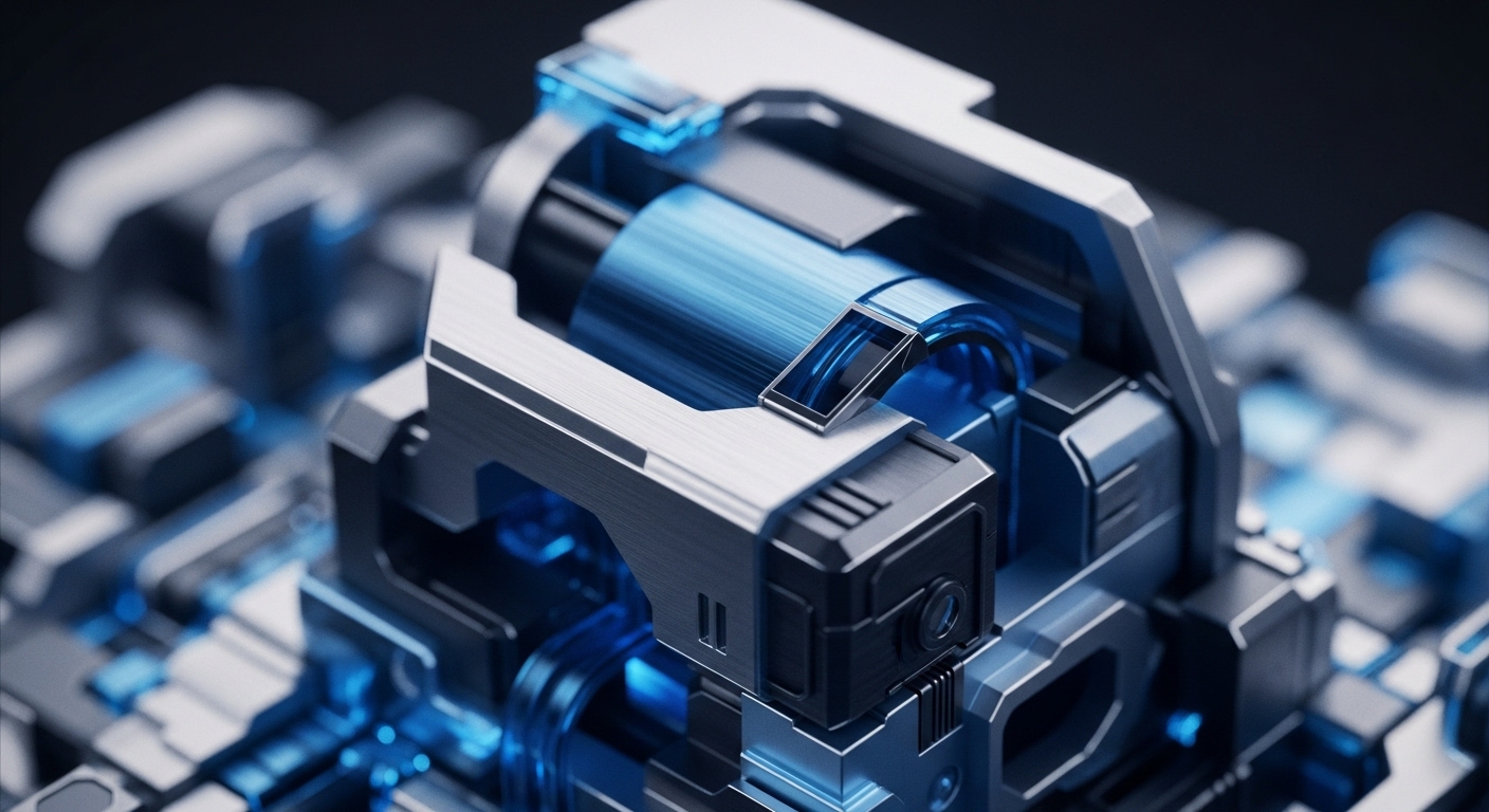 The image displays a close-up of a futuristic, metallic computing device with prominent blue glowing internal components. Its intricate design features brushed metal surfaces, sharp geometric forms, and transparent sections revealing illuminated conduits