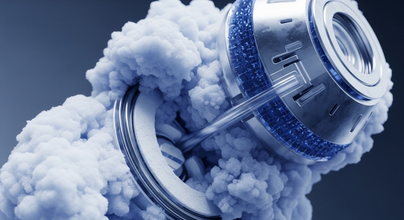 A futuristic metallic apparatus, resembling a high-performance blockchain node, is enveloped by a dense, light-blue particulate cloud. Transparent conduits connect segments of the device, hinting at internal mechanisms and data flow
