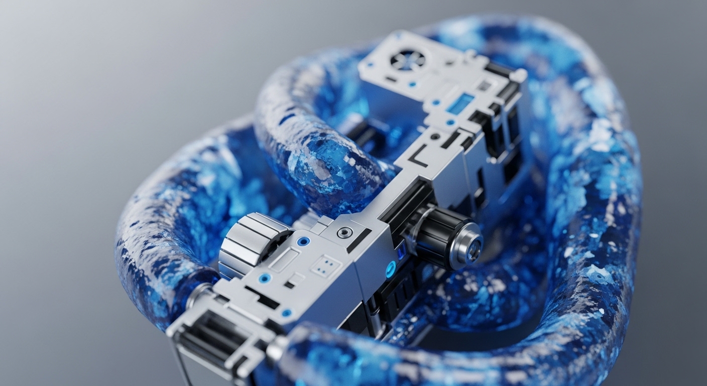A detailed render showcases a complex metallic device, possibly a specialized computing unit, embedded within a translucent, textured blue material resembling ice or a viscous liquid. The blue substance forms a continuous, looping structure, cradling the intricate hardware