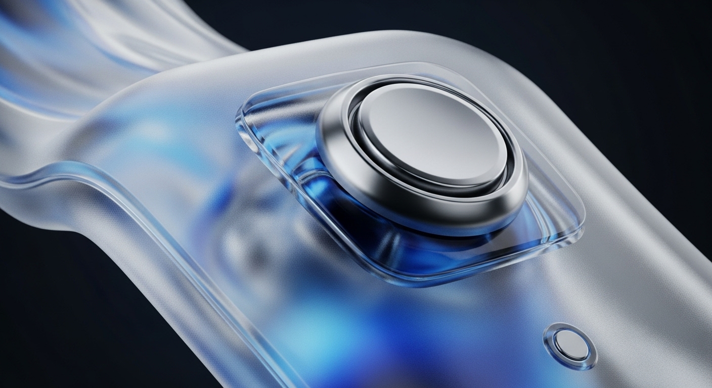 A translucent, frosted polymer casing encases a prominent, circular metallic button, likely a biometric authentication sensor, central to a hardware wallet. A vibrant blue luminescence emanates from within, suggesting an active secure enclave or cryptographic module. This device facilitates robust cold storage for digital assets, safeguarding private keys and enabling secure transaction signing. Its design implies a tamper-proof mechanism for decentralized identity verification or a dedicated Proof-of-Stake validator interface, crucial for DLT integrity.