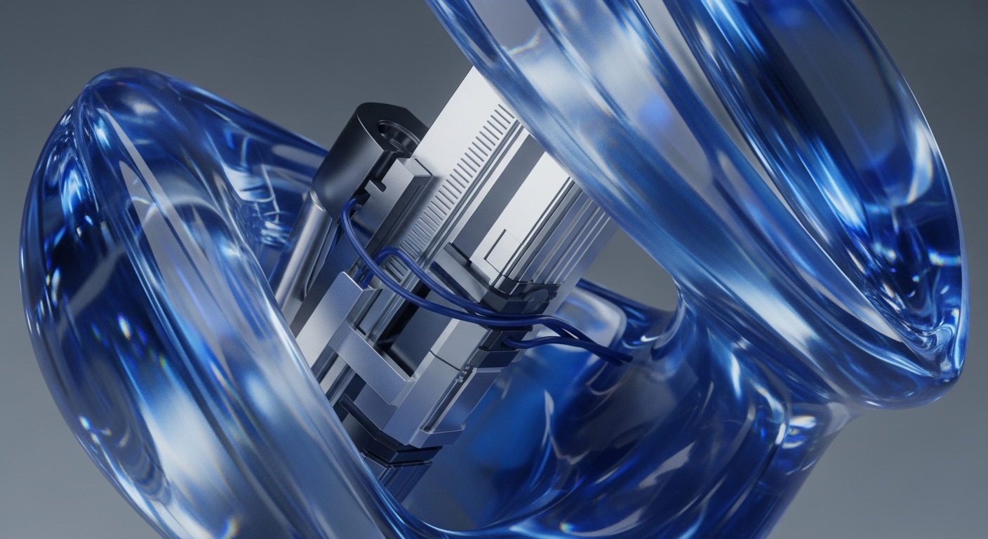 The image displays a detailed metallic electronic component, featuring intricate silver and black elements with fine blue wires, encased within a translucent, flowing blue abstract structure. The central component appears to be a precision-engineered device, possibly a specialized processing unit