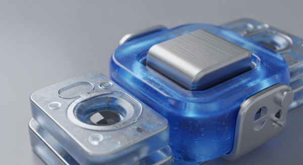 Close-up view of interconnected, robust cryptographic hardware components. A translucent blue module, possibly a polymer casing, encases a brushed metallic secure element, central to private key storage. Adjacent is a metallic housing, exhibiting a textured finish and circular indentations, suggesting a sensor or interface for blockchain node attestation. This modular design emphasizes physical security token functionality and cold storage capabilities, crucial for non-custodial asset management and tamper-evident protection within decentralized finance infrastructure.