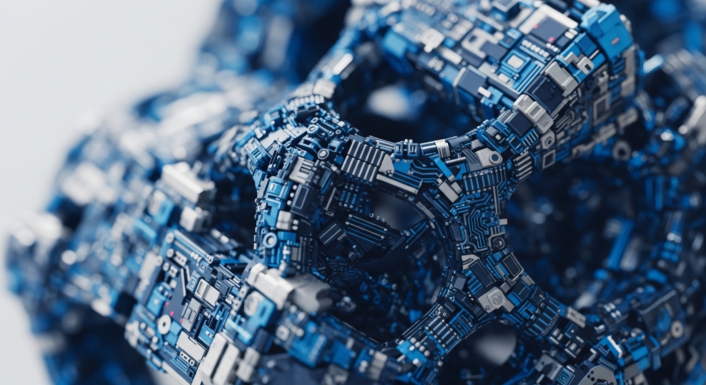 The intricate structure displays interconnected blue and grey circuit board components, forming a complex, hollowed-out lattice. This visual metaphor embodies the underlying blockchain architecture, where individual network nodes contribute to a robust distributed ledger technology. The dense arrangement suggests sophisticated cryptographic hash functions and smart contract logic processing on-chain data. Each segment represents a component of a decentralized autonomous organization DAO infrastructure, facilitating transaction validation and ensuring digital asset security. The depth and complexity hint at advanced protocol layers and scalability solutions within a vast cryptocurrency ecosystem.