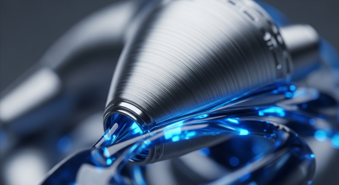 A sleek, brushed metallic component, reminiscent of a high-performance hardware security module, is depicted with a luminous blue data stream emanating from its core. This vibrant flow appears to be a concentrated stream of interconnected light particles, suggesting dynamic energy or information transfer