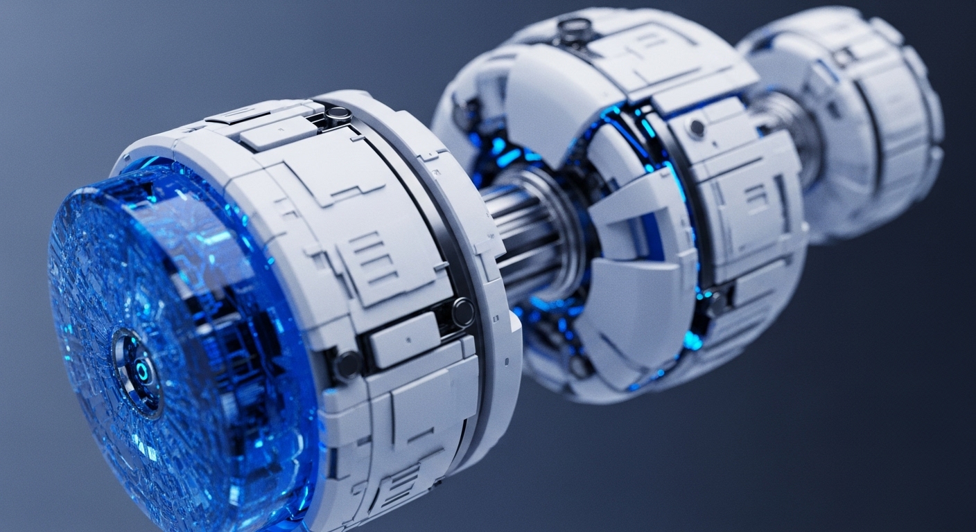 A futuristic white and metallic modular apparatus is depicted against a dark background, featuring interconnected cylindrical components. The leftmost module showcases a transparent blue circular front panel with intricate internal circuitry and a central glowing ring