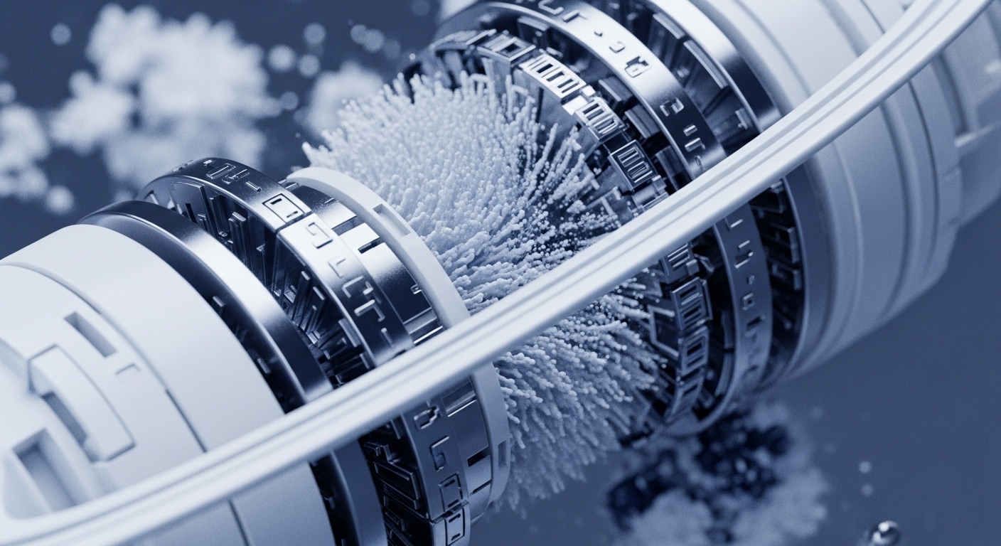The image presents a detailed, close-up view of a complex, futuristic-looking machine core, characterized by interlocking metallic rings and white structural elements. At its heart, a dynamic cluster of white, spiky particles appears to be actively manipulated or generated, surrounded by intricate mechanical components