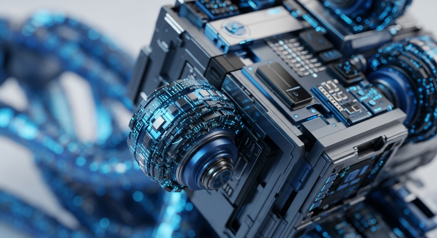 A detailed view presents a futuristic, metallic cubic module adorned with glowing blue circuits and intricate components. This central unit is surrounded by a blurred background of interconnected, luminous blue strands, suggesting a vast digital network