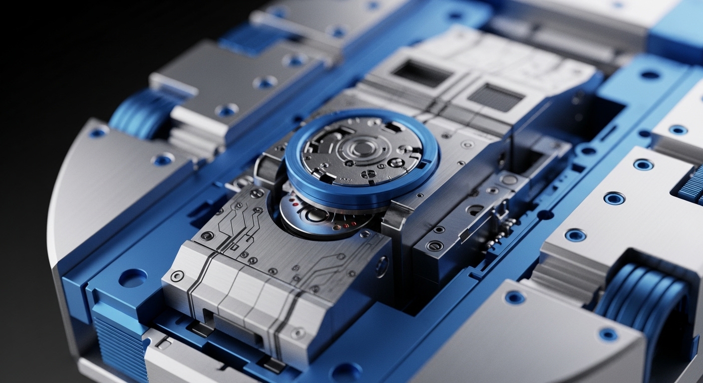 A high-fidelity render showcases a complex mechanical apparatus, meticulously crafted with brushed silver and striking blue elements. At its core lies an intricate circular mechanism, resembling a decentralized ledger processing unit or a sophisticated hashing engine, surrounded by precision-engineered metallic plates