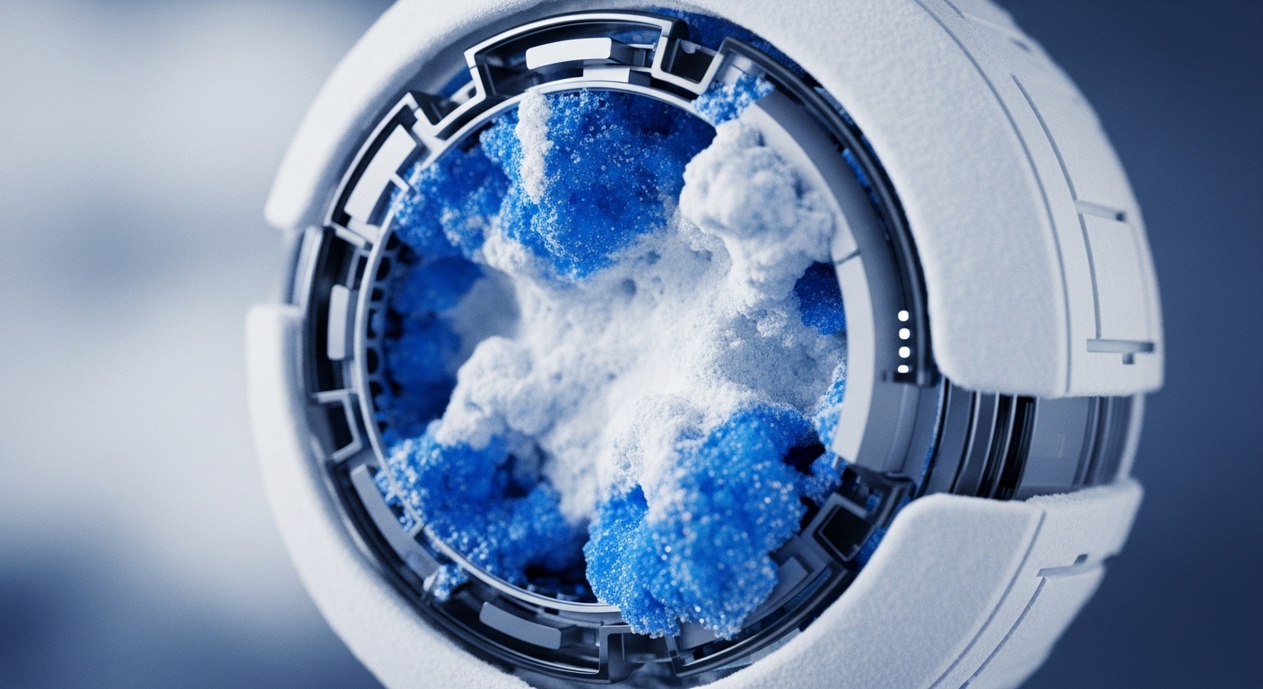A futuristic spherical module reveals an active internal core, filled with granular blue and white material, suggesting a dynamic processing state. This intricate node could represent a cryptographic hashing engine, continuously validating transaction blocks within a decentralized ledger. The varying blue and white hues might symbolize different data states or energy consumption during proof-of-work computations, ensuring immutability and network security. Its robust exterior suggests cold storage capabilities, protecting vital digital assets from external threats, embodying a secure blockchain infrastructure component.