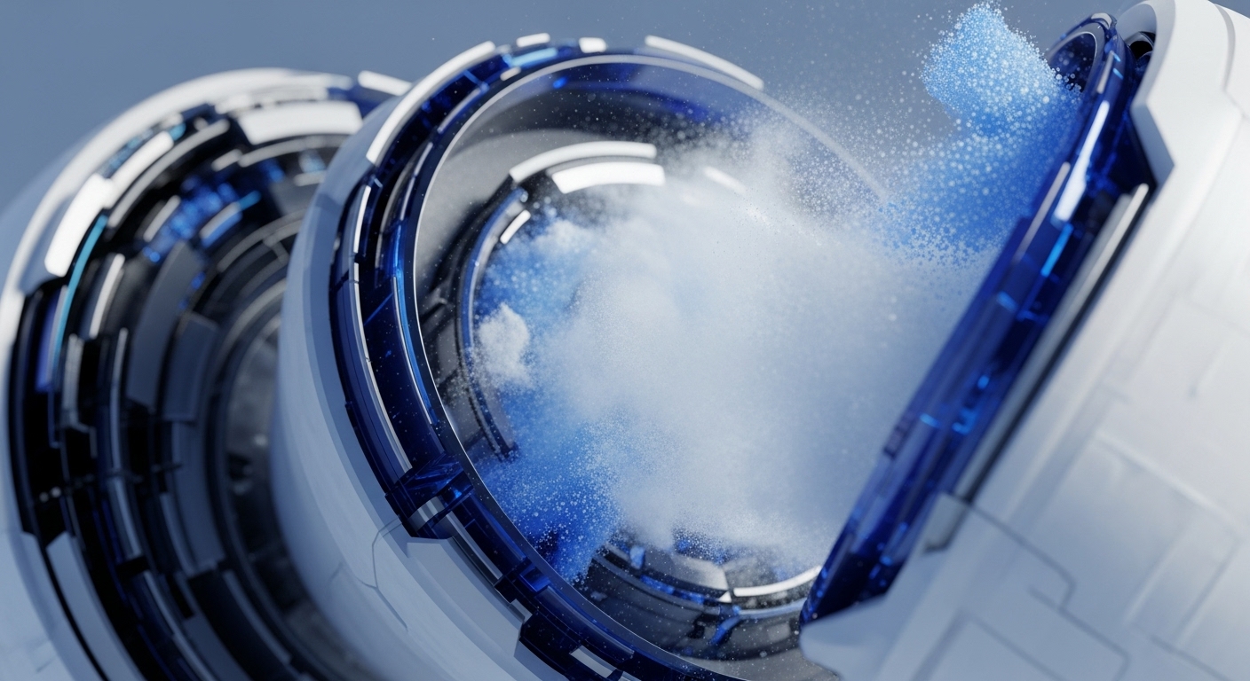 A futuristic, high-tech circular apparatus features glowing blue accents and intricate internal components. Within its core, a dynamic expulsion of white vapor intermingles with distinct blue granular particles, suggesting a complex processing mechanism. This visual metaphor represents a validator node actively engaged in transaction throughput, perhaps performing cryptographic hash functions or block production. The effervescent blue particles could symbolize newly generated tokens or processed data packets, indicative of a robust distributed ledger technology DLT operation or smart contract execution. The overall composition conveys efficient network security and scalability solutions within a decentralized ecosystem.